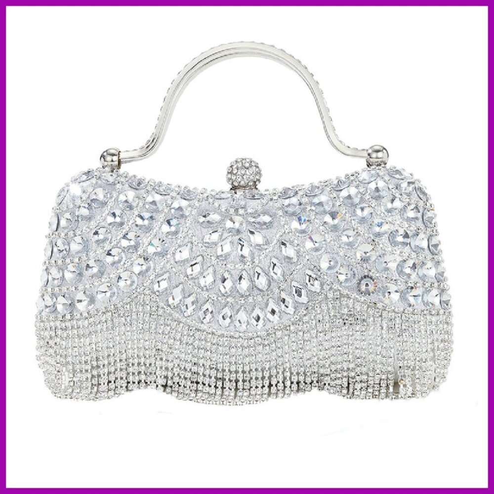 Sparkly Fringe Clutch Purse with Rhinestones for Evening Events